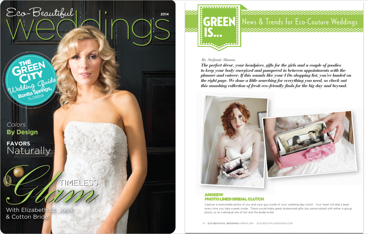 Photo lined clutch bag for bridal and bridesmaids clutches featured on Eco-Beautiful Wedding Magazine